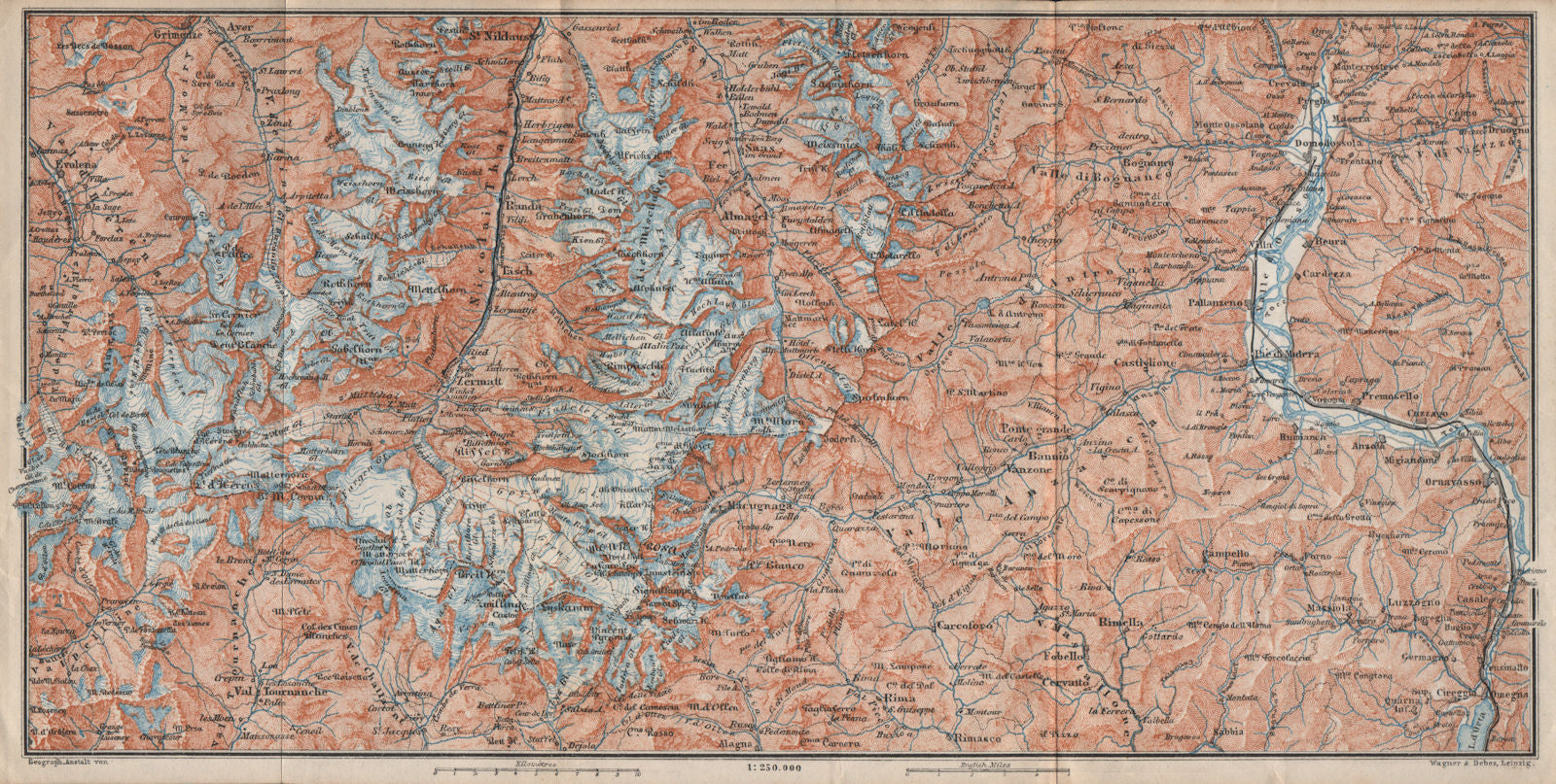VALAIS ALPS. Zermatt Saas-Fee Monte Rosa Val Tournanche Matterhorn 1897 map